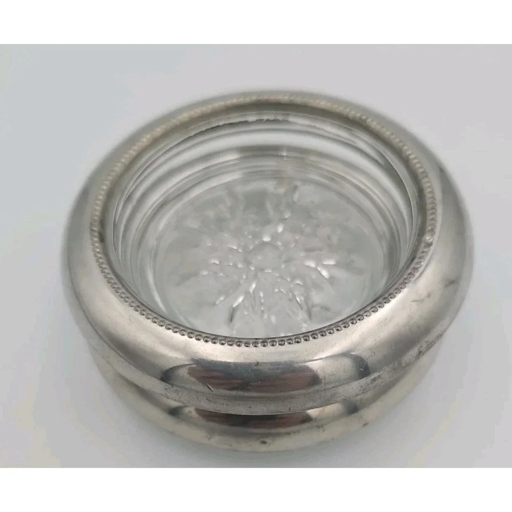 Vintage Empire Pewter Silver Glass Coaster Ashtray Set Stackable Art Deco 2pc